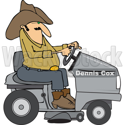 Clipart of a Chubby Cowboy Riding a Gray Lawn Mower - Royalty Free Vector Illustration © djart #1401057