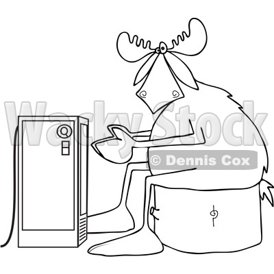 Clipart of a Black and White Lineart Cold Moose Sitting on a Stump and Warming up in Front of an Electric Space Heater - Royalty Free Vector Illustration © djart #1402905