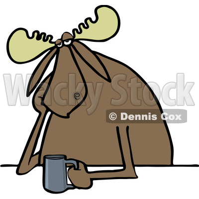 Clipart of a Cartoon Depressed or Tired Moose Sitting with a Cup of Coffee - Royalty Free Vector Illustration © djart #1407269