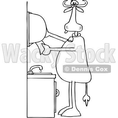 Clipart of a Cartoon Black and White Lineart Cow Grabbing Paper Towels After Washing His Hands - Royalty Free Vector Illustration © djart #1407370