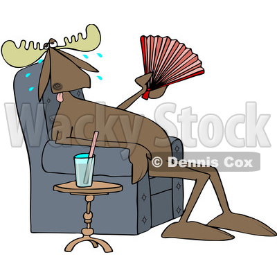 Clipart of a Cartoon Hot Sweaty Moose Sitting in a Chair and Fanning Himself by a Cup of Water - Royalty Free Vector Illustration © djart #1407373