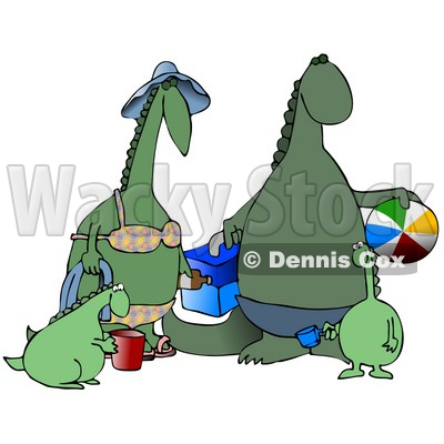 Happy Green Dinosaur Family Having Fun at the Beach Clipart Illustration © djart #14074