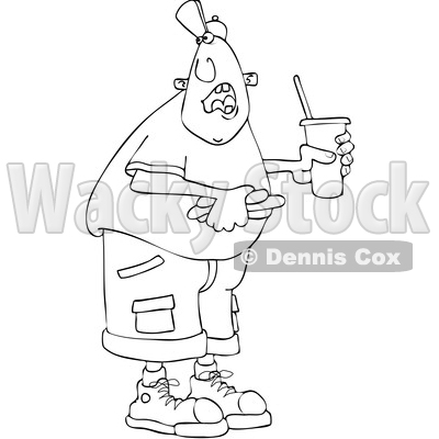Clipart of a Cartoon Black and White Lineart Man Shouting over His Shoulder and Holding a Fountain Soda and Hot Dog - Royalty Free Vector Illustration © djart #1416181