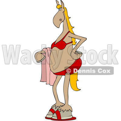 Clipart of a Cartoon Beige Horse Wearing a Bikini and Holding a Towel - Royalty Free Vector Illustration © djart #1417664
