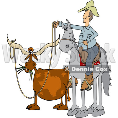 Clipart of a Cartoon Male Rancher Cowboy on a Horse, Roping a Texas Longhorn - Royalty Free Vector Illustration © djart #1417665