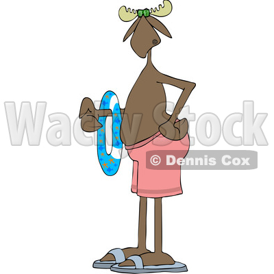 Clipart of a Cartoon Moose in Swimming Trunks and Sandals, Holding an Inner Tube - Royalty Free Vector Illustration © djart #1417667