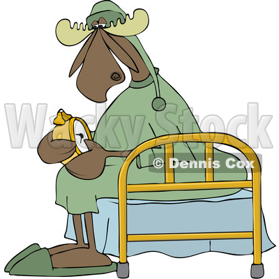 Clipart of a Cartoon Sleepy Moose Setting His Alarm Clock and Sitting on a Bed - Royalty Free Vector Illustration © djart #1418865