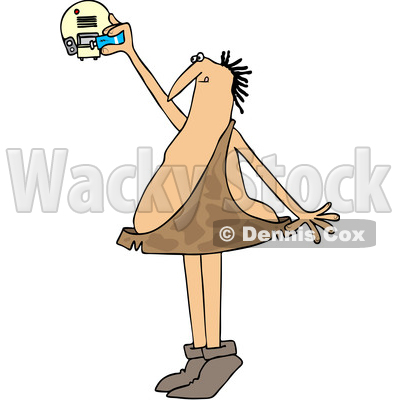 Clipart of a Cartoon Caveman Standing on His Tip Toes and Putting a Battery in a Smoke Detector - Royalty Free Vector Illustration © djart #1418866