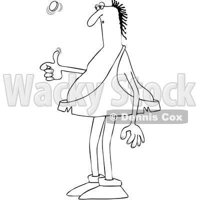 Clipart of a Cartoon Black and White Lineart Caveman Flipping a Coin - Royalty Free Vector Illustration © djart #1418872