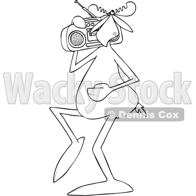 Clipart of a Cartoon Black and White Lineart Moose Listening to Music and Carrying a Boom Box on His Shoulder - Royalty Free Vector Illustration © djart #1419320