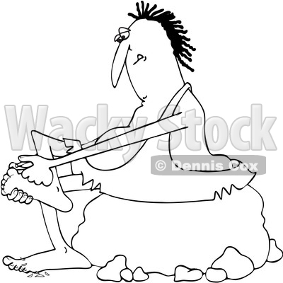 Clipart of a Cartoon Black and White Lineart Chubby Caveman Sitting on a Boulder and Clipping His Toe Nails - Royalty Free Vector Illustration © djart #1419360