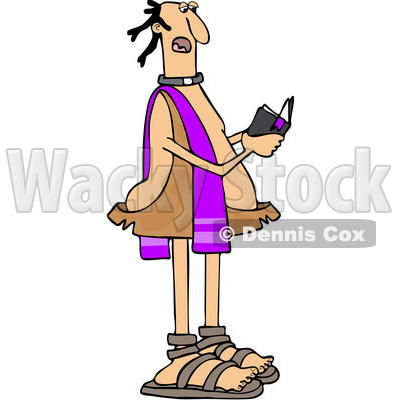 Clipart of a Cartoon Caveman Priest Reading from a Bible - Royalty Free Vector Illustration © djart #1421242
