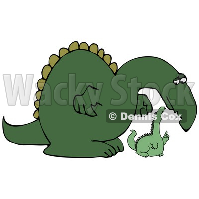 Big Green Dinosaur Bending Down to Listen to a Small Dino Clipart Illustration © djart #14243
