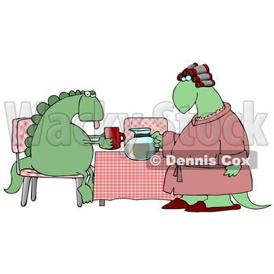 Female Wife Dinosaur in a Pink Robe, Curlers and Slippers, Serving Coffee to Her Exhausted Husband Who is Sitting at a Table in the Morning Clipart Illustration © djart #14245