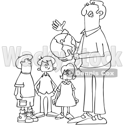 Clipart of a Cartoon Black and White Lineart Male Teacher Discussing Planet Earth and Holding a Globe with Students - Royalty Free Vector Illustration © djart #1424809