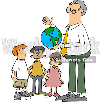 Clipart of a Cartoon Male Teacher Discussing Planet Earth and Holding a Globe with Students - Royalty Free Vector Illustration © djart #1424810