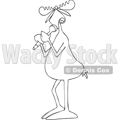 Clipart of a Cartoon Black and White Lineart Moose Vocalist Singing into a Microphone - Royalty Free Vector Illustration © djart #1425400