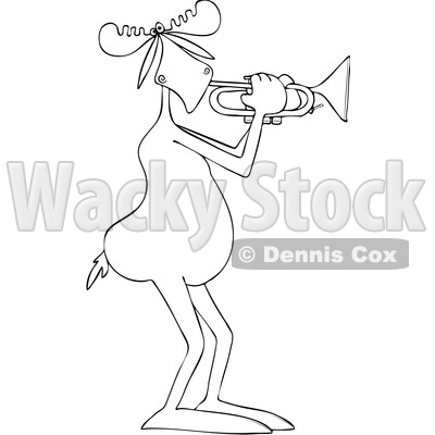 Clipart of a Cartoon Black and White Lineart Moose Playing a Trumpet - Royalty Free Vector Illustration © djart #1425402
