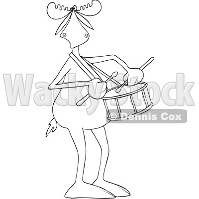 Clipart of a Cartoon Black and White Lineart Moose Playing a Drum - Royalty Free Vector Illustration © djart #1425406