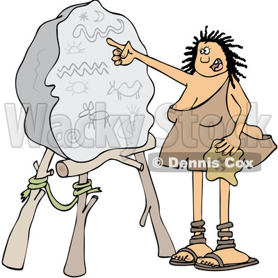 Clipart of a Cartoon Cave Woman Teacher Pointing to a Boulder with Drawings - Royalty Free Vector Illustration © djart #1425408