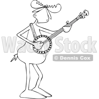 Clipart of a Cartoon Black and White Lineart Musician Moose Playing a Banjo - Royalty Free Vector Illustration © djart #1426146