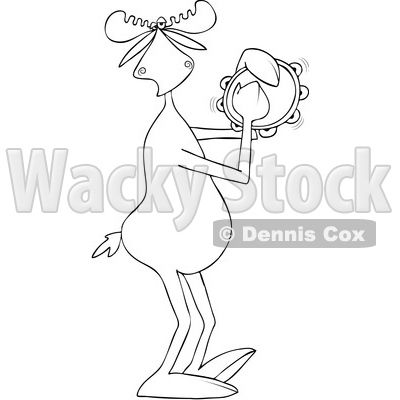 Clipart of a Cartoon Black and White Lineart Musician Moose Playing a Tambourine - Royalty Free Vector Illustration © djart #1426148