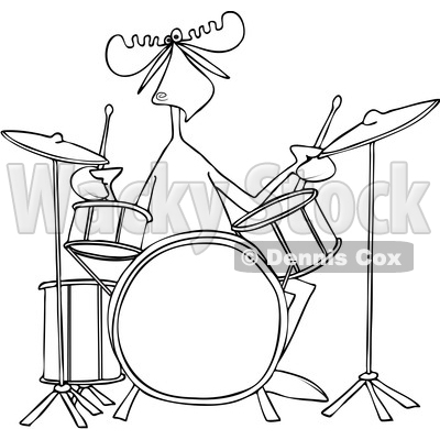 Clipart of a Cartoon Black and White Lineart Musician Moose Playing the Drums - Royalty Free Vector Illustration © djart #1426933