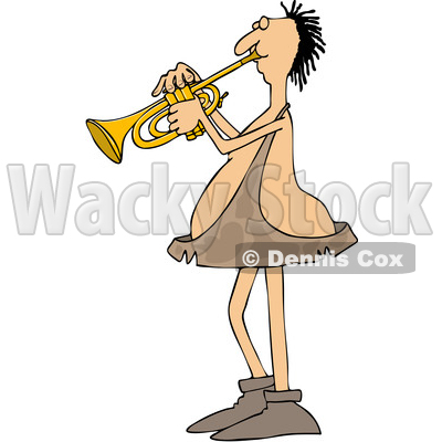 Clipart of a Cartoon Chubby Caveman Musician Playing a Trumpet - Royalty Free Vector Illustration © djart #1427481