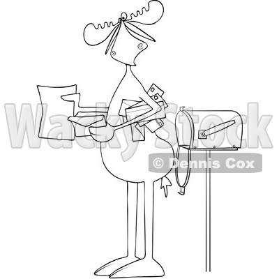 Clipart of a Cartoon Black and White Lineart Moose Opening a Letter by a Mailbox - Royalty Free Vector Illustration © djart #1427867