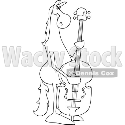 Clipart of a Cartoon Black and White Lineart Horse Musician Plucking a Double Bass - Royalty Free Vector Illustration © djart #1432820