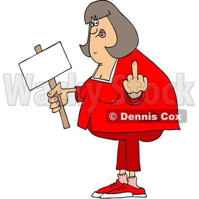 Clipart of a Cartoon Chubby White Woman Holding up a Middle Finger and Blank Sign - Royalty Free Vector Illustration © djart #1432906