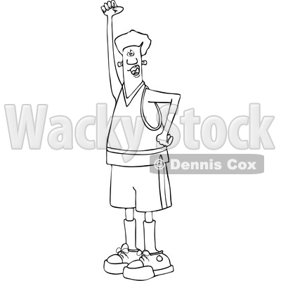 Clipart of a Cartoon Black and White Lineart Male Protester Holding up a Fist and Shouting - Royalty Free Vector Illustration © djart #1433889