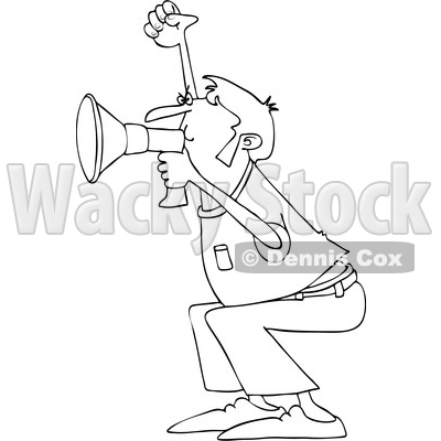 Clipart of a Cartoon Black and White Lineart Male Protester Shouting into a Megaphone - Royalty Free Vector Illustration © djart #1433890
