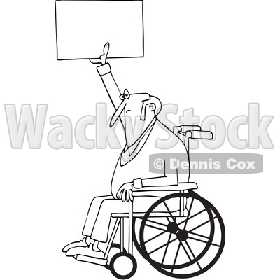 Clipart of a Cartoon Black and White Lineart Senior Male Protester in a Wheelchair, Holding up a Sign - Royalty Free Vector Illustration © djart #1433892
