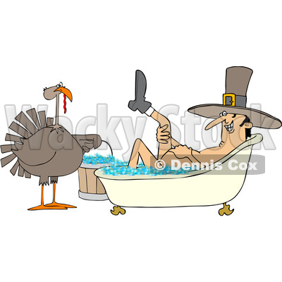 Clipart of a Cartoon Thanksgiving Turkey Bird Holding a Bucket by a Pilgrim Man Lifting up a Leg While Soaking in a Bubble Bath - Royalty Free Vector Illustration © djart #1433911