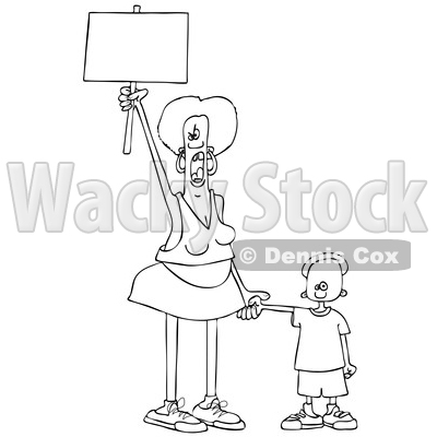 Clipart of a Cartoon Lineart Black Female Protestor Holding Her Sons Hand, Shouting and Holding up a Blank Sign - Royalty Free Vector Illustration © djart #1434138
