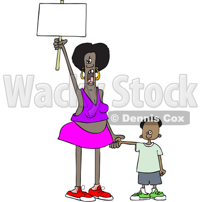 Clipart of a Cartoon Black Female Protestor Holding Her Sons Hand, Shouting and Holding up a Blank Sign - Royalty Free Vector Illustration © djart #1434146