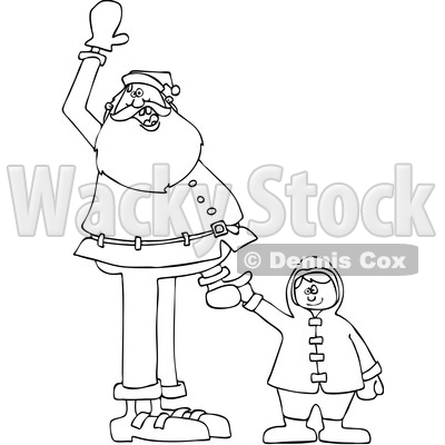 Clipart of a Cartoon Black and White Lineart Christmas Santa Claus Holding a Boy's Hand and Waving - Royalty Free Vector Illustration © djart #1434248