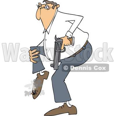 Clipart of a Cartoon White Man Shooting Himself in the Foot - Royalty Free Vector Illustration © djart #1440602
