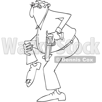 Clipart of a Cartoon Black and White Lineart Man Shooting Himself in the Foot - Royalty Free Vector Illustration © djart #1440603