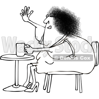 Clipart of a Cartoon Black and White Lineart Chubby Woman Sitting with Coffee at a Table and Waving with a Flabby Arm - Royalty Free Vector Illustration © djart #1441011