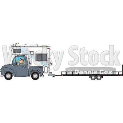 Clipart of a Cartoon Caucasian Man Driving a Truck and Camper and Towing a Trailer - Royalty Free Vector Illustration © djart #1443259