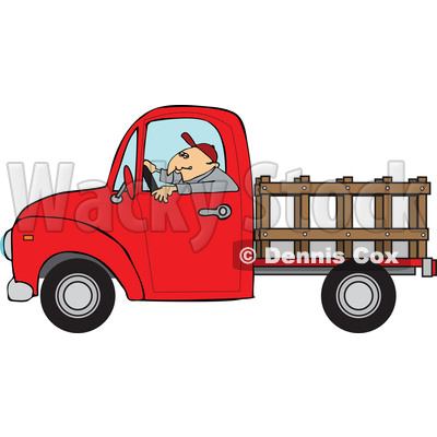 Clipart of a Cartoon White Man Driving a Red Pickup Truck with a Stakeside Trailer - Royalty Free Vector Illustration © djart #1443265