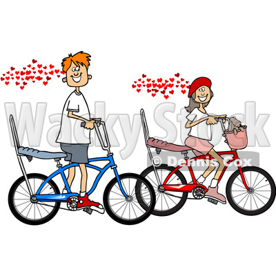 Clipart of a Cartoon in Love Caucasian Boy and Girl Riding Bikes with Hearts - Royalty Free Vector Illustration © djart #1443269