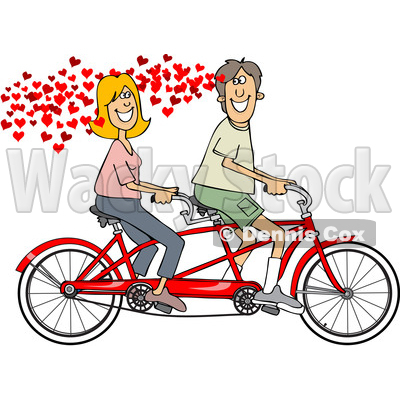 Clipart of a Cartoon in Love Caucasian Couple Riding a Tandem Bike with Hearts - Royalty Free Vector Illustration © djart #1443270