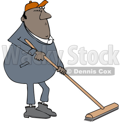 Clipart of a Cartoon Chubby Black Worker Man Using a Push Broom - Royalty Free Vector Illustration © djart #1443274