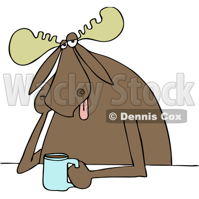 Clipart of a Cartoon Depressed Moose Sitting with a Cup of Coffee - Royalty Free Vector Illustration © djart #1444404