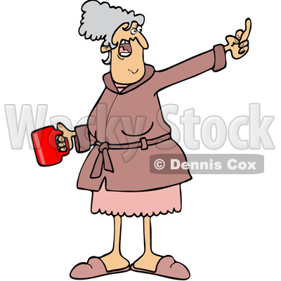 Clipart of a Cartoon Angry Senior Caucasian Woman in Her Robe, Holding Coffee and Flipping the Bird - Royalty Free Vector Illustration © djart #1445102