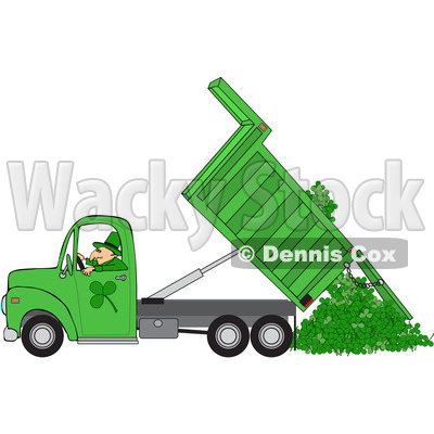 Clipart of a Cartoon Leprechaun Operating a Green Hydraulic Dump Truck and  Dumping Clovers - Royalty Free