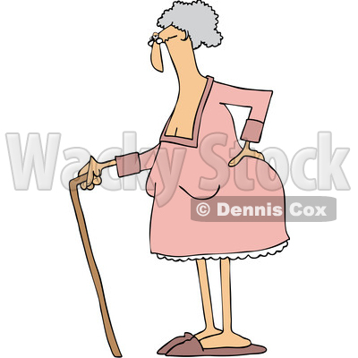 Clipart of a Cartoon Old White Lady Standing with a Cane, Holding Her Back - Royalty Free Vector Illustration © djart #1446914